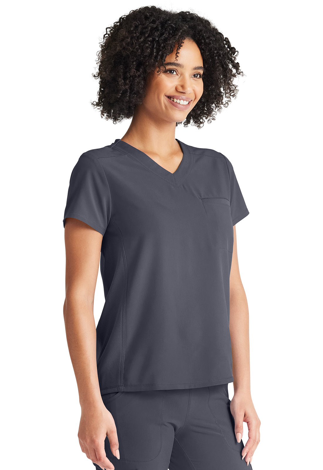 Inspira Flex IP600A V-Neck Tuckable Top Pewter Model Image Left Side | Inspira