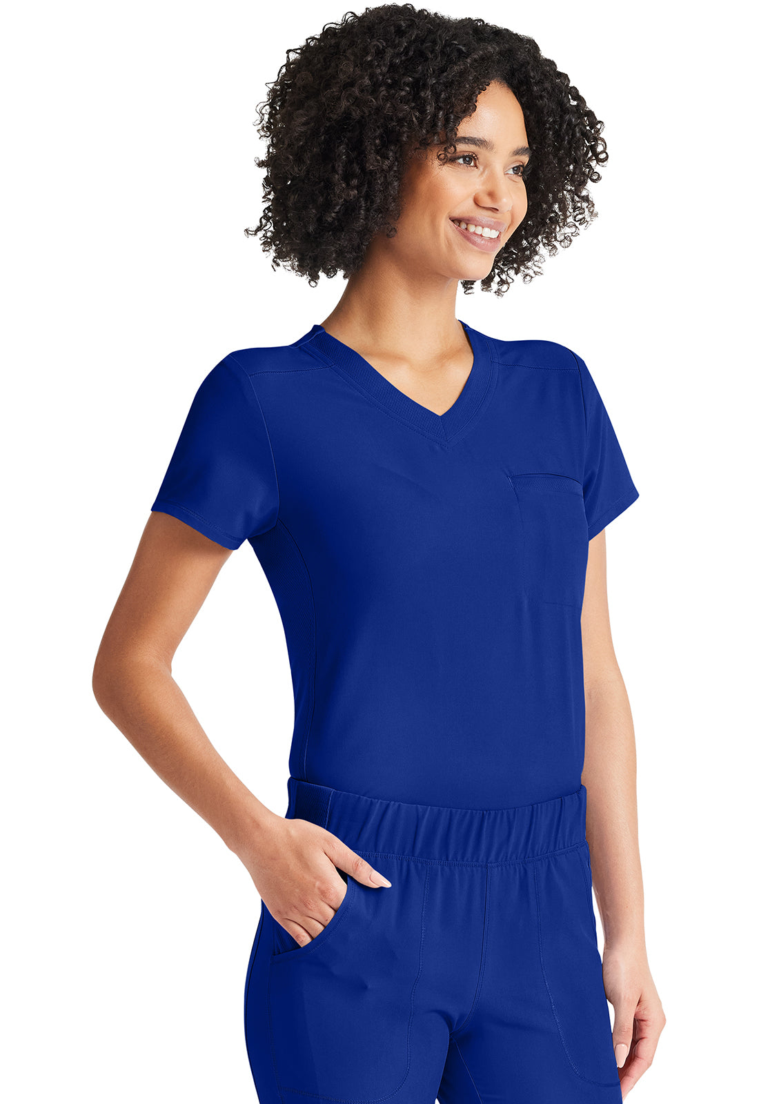 Inspira Flex IP600A V-Neck Tuckable Top Royal Model Image Left Side | Inspira