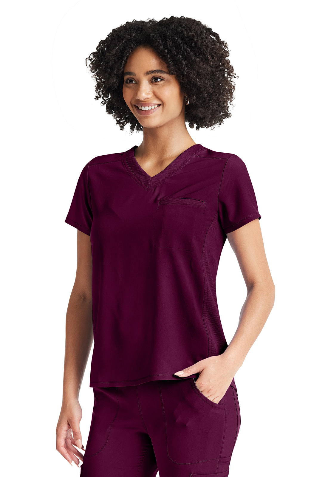 Inspira Flex IP600A V-Neck Tuckable Top Wine Model Image Right Side | Inspira