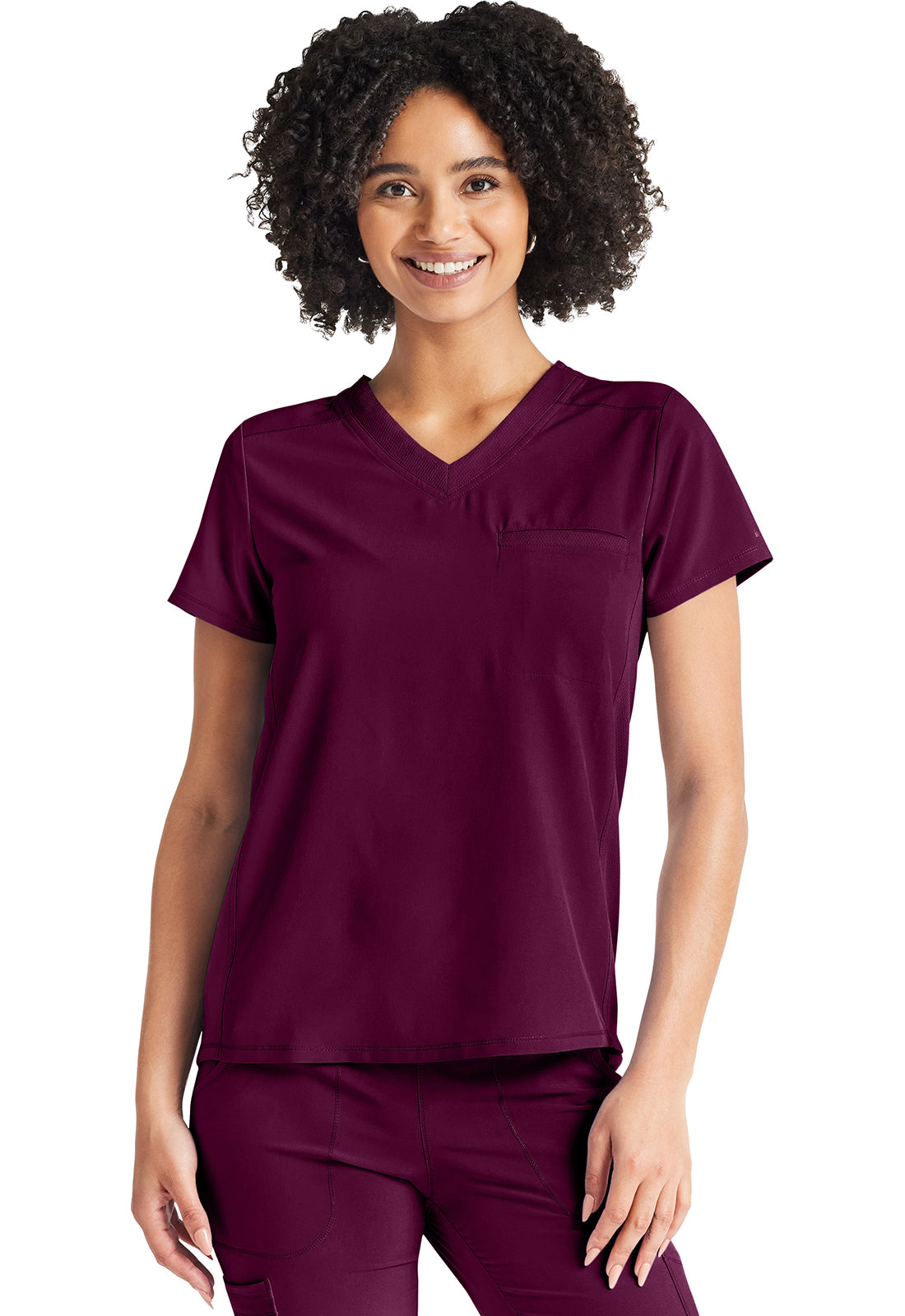 Inspira Flex IP600A V-Neck Tuckable Top Wine Model Image Left Side | Inspira