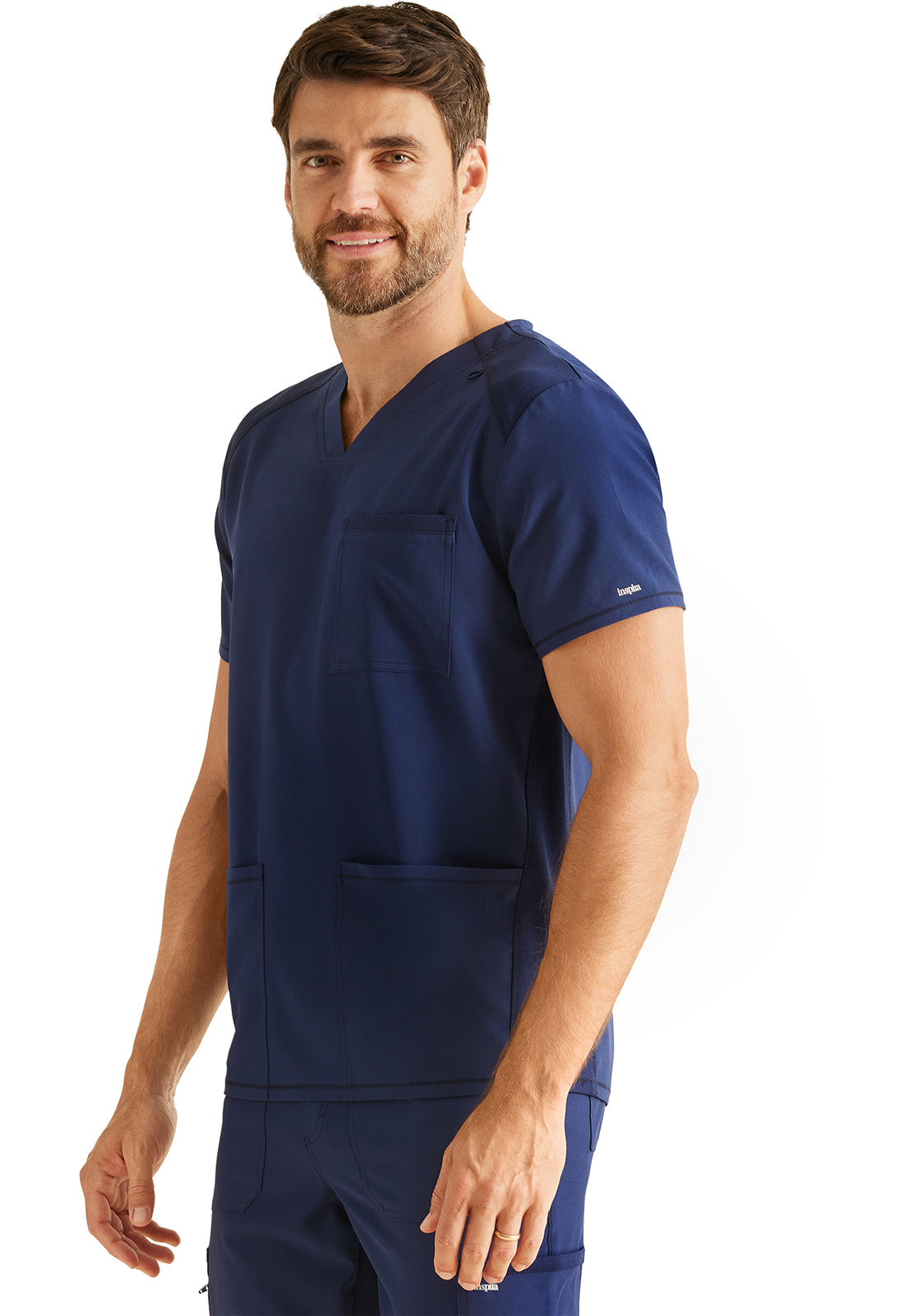 Inspira Flex IP603A Men's V-Neck Top Navy Model Image Right Side | Inspira