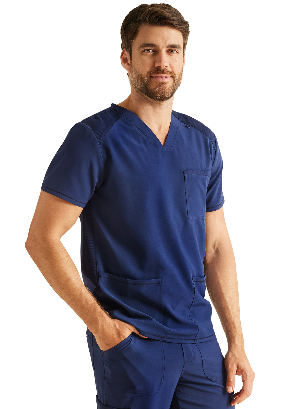 Inspira Flex IP603A Men's V-Neck Top Navy Model Image Left Side | Inspira