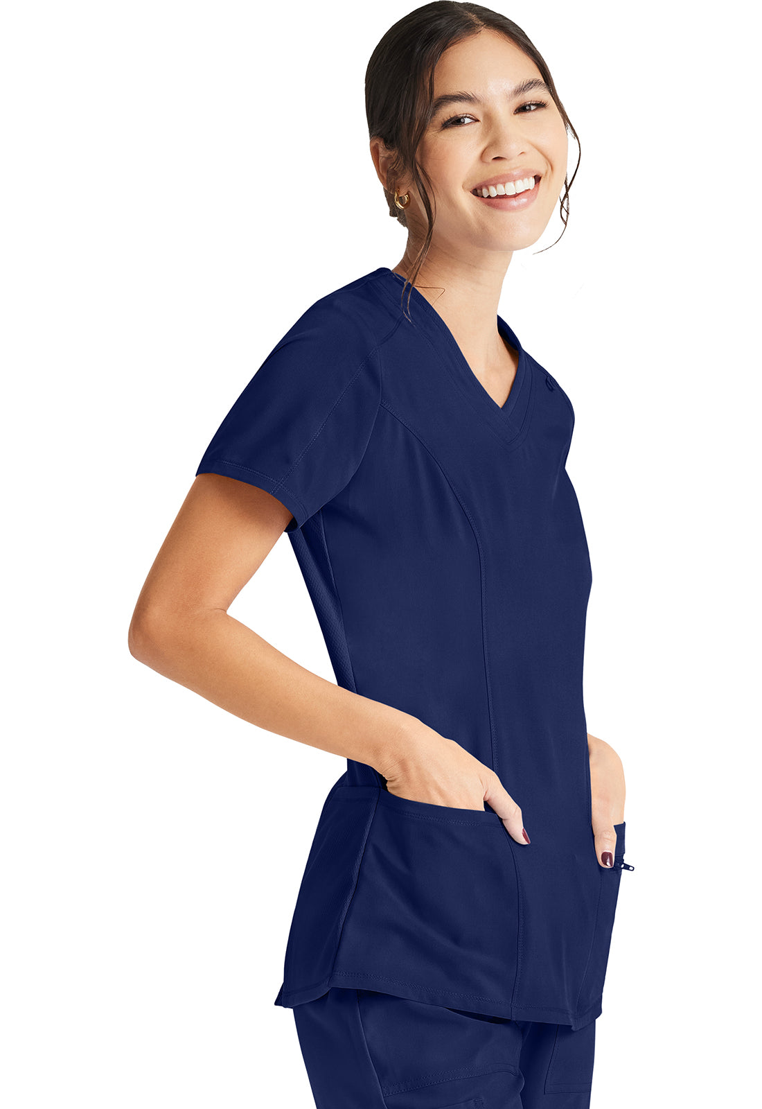 Inspira Flex IP727A V-Neck Top Navy Model Image Left Side | Inspira