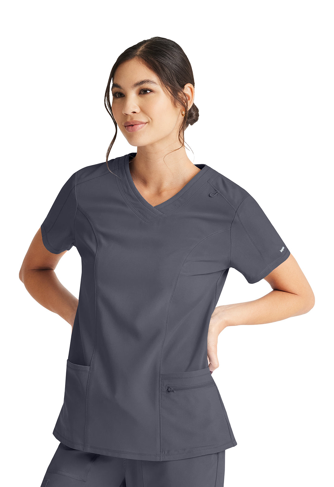 Inspira Flex IP727A V-Neck Top Pewter Model Image Right Side | Inspira