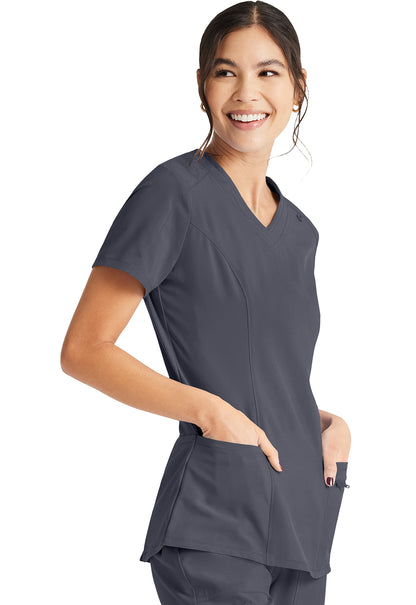 Inspira Flex IP727A V-Neck Top Pewter Model Image Left Side | Inspira