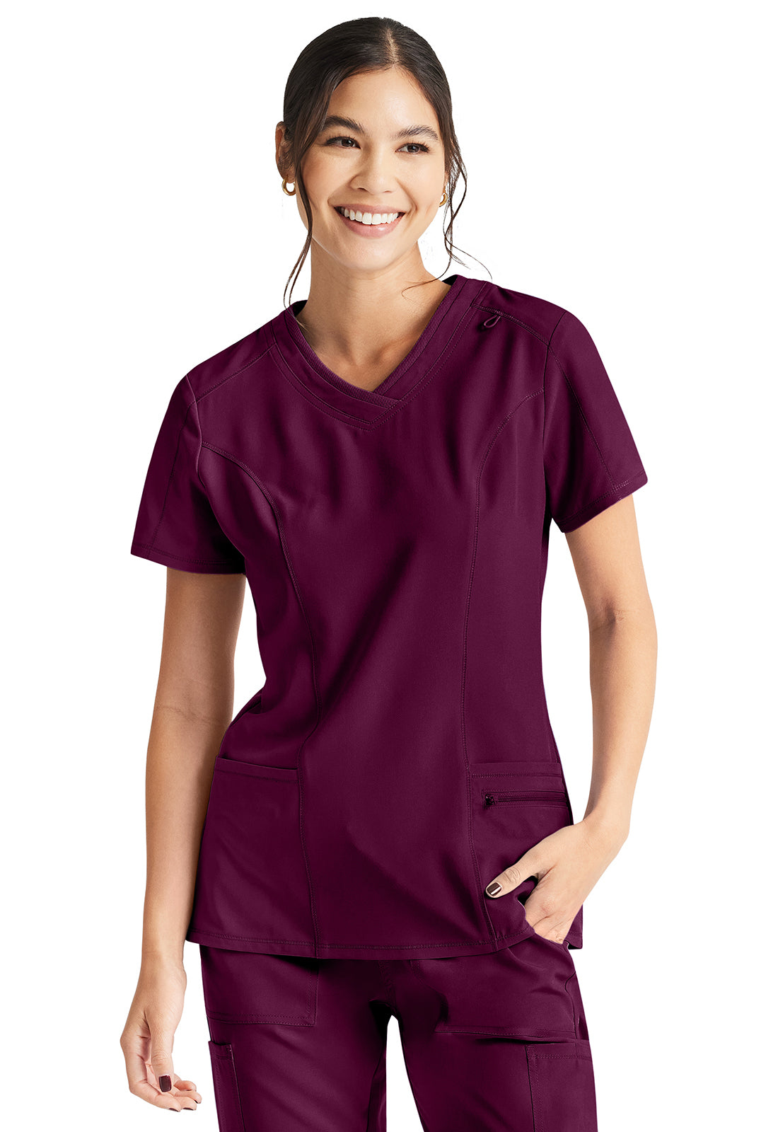 Inspira Flex IP727A V-Neck Top Wine Model Image Front | Inspira