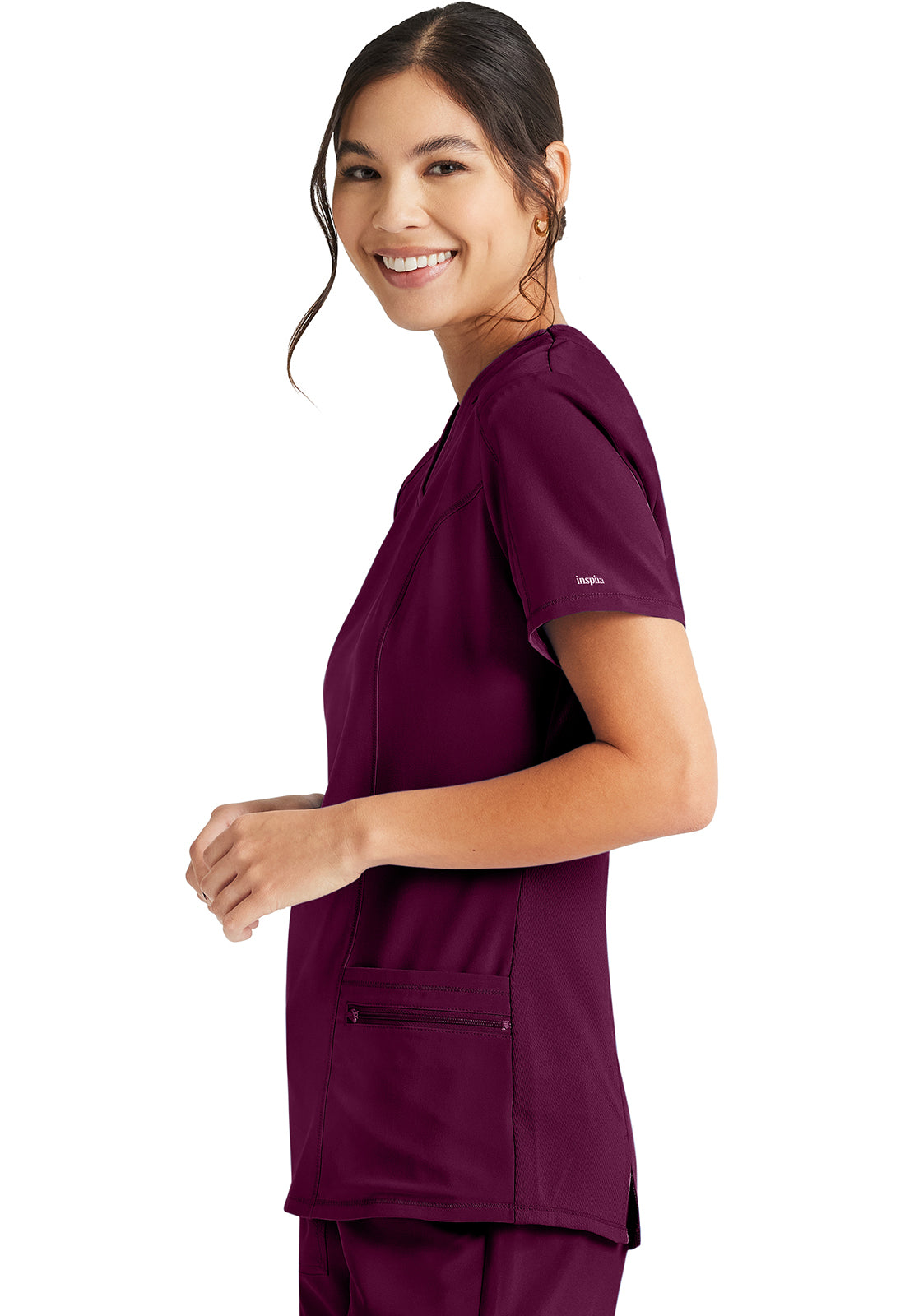 Inspira Flex IP727A V-Neck Top Wine Model Image Right Side | Inspira