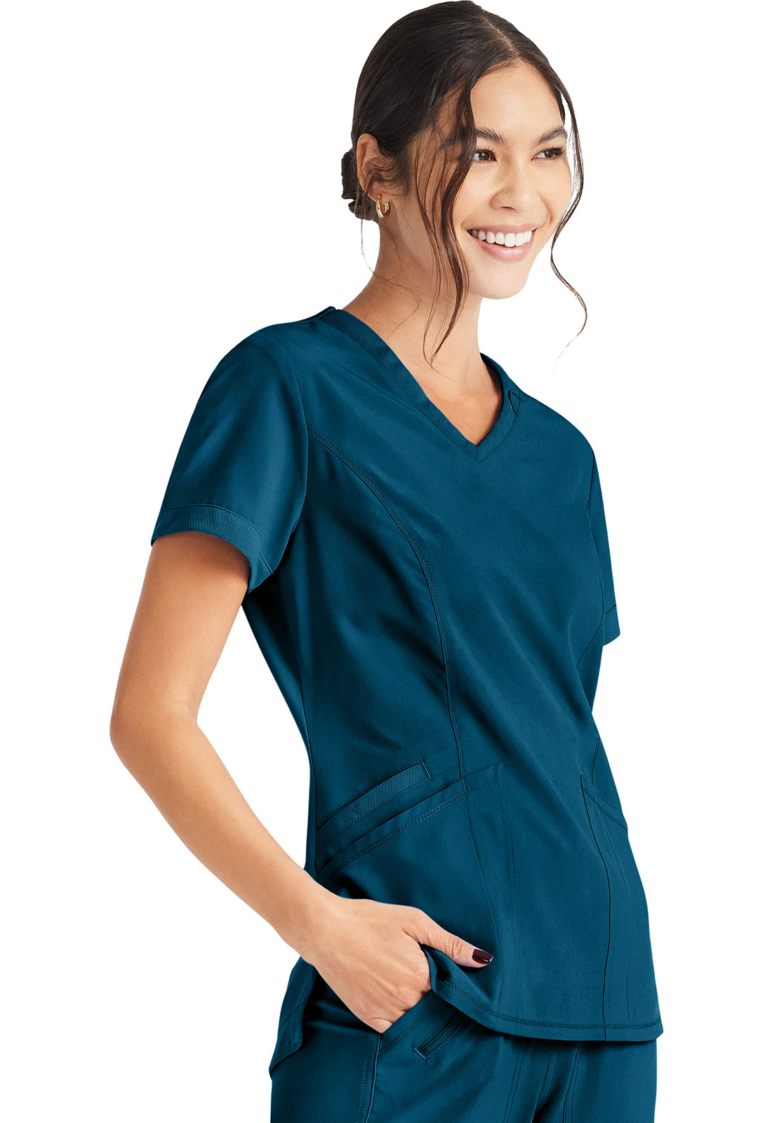 Inspira Flex IP790A V-Neck Top Caribbean Blue Model Image Left Side | Inspira