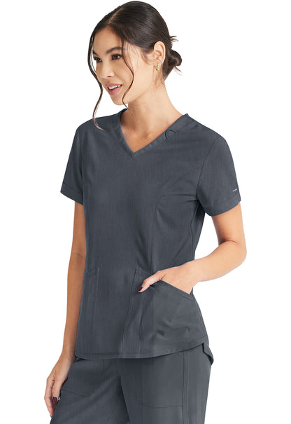 Inspira Flex IP790A V-Neck Top Heather Pewter Model Image Right Side | Inspira