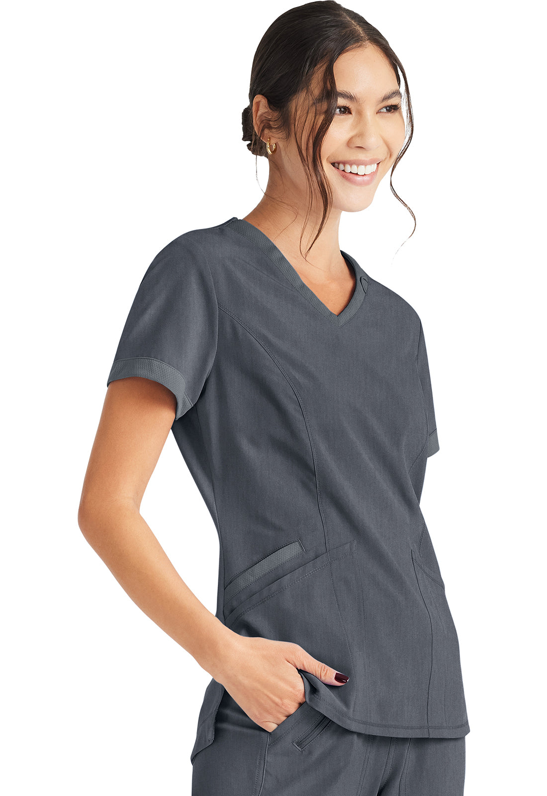 Inspira Flex IP790A V-Neck Top Heather Pewter Model Image Left Side | Inspira