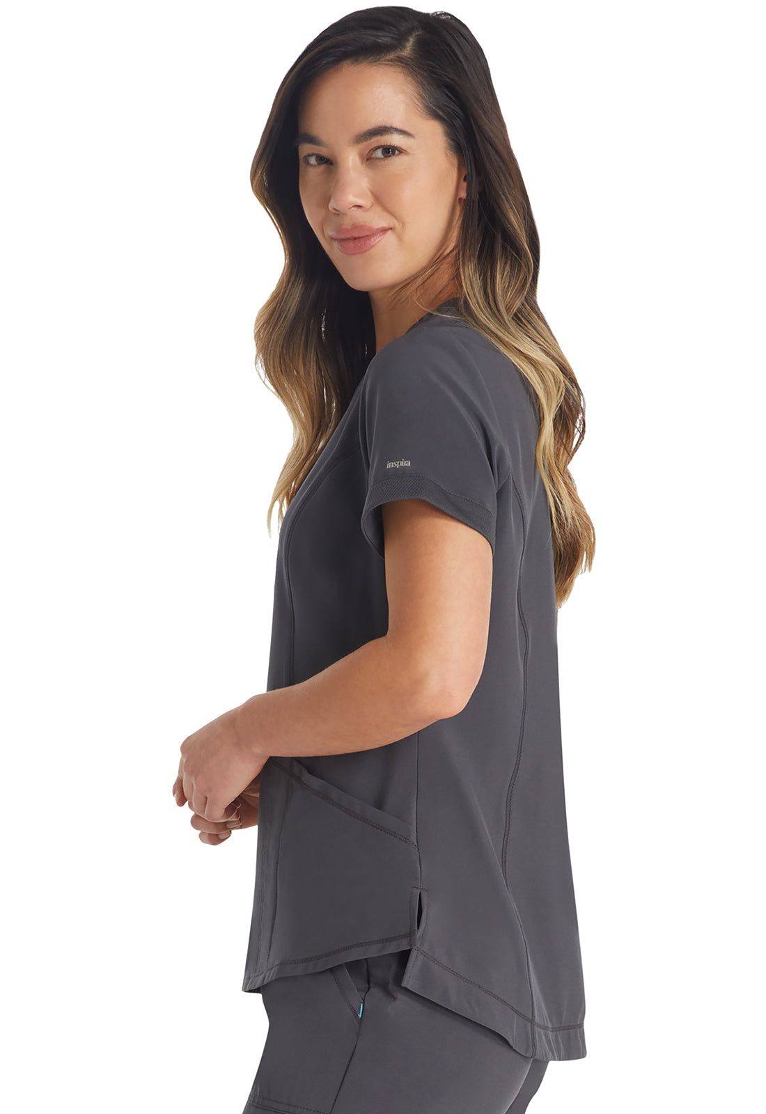 Inspira Flex IP790A V-Neck Top Pewter Model Image Right Side | Inspira