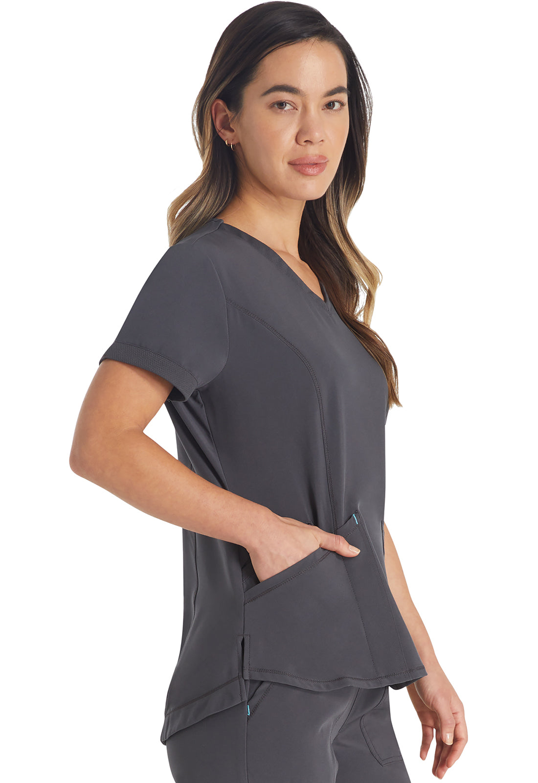 Inspira Flex IP790A V-Neck Top Pewter Model Image Left Side | Inspira