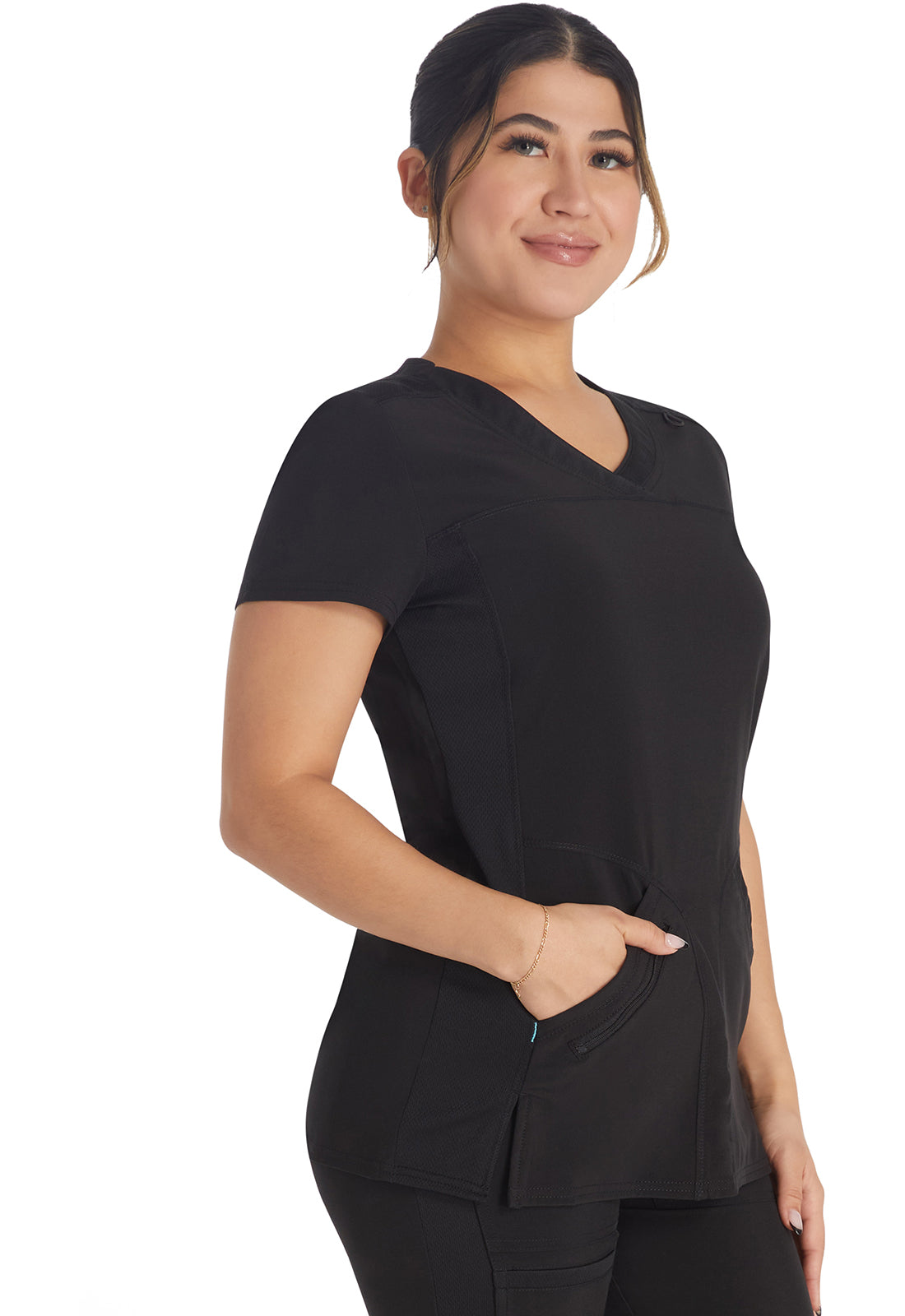 Inspira Flex IP845A Crossover V-Neck Top Black Model Image Left Side | Inspira