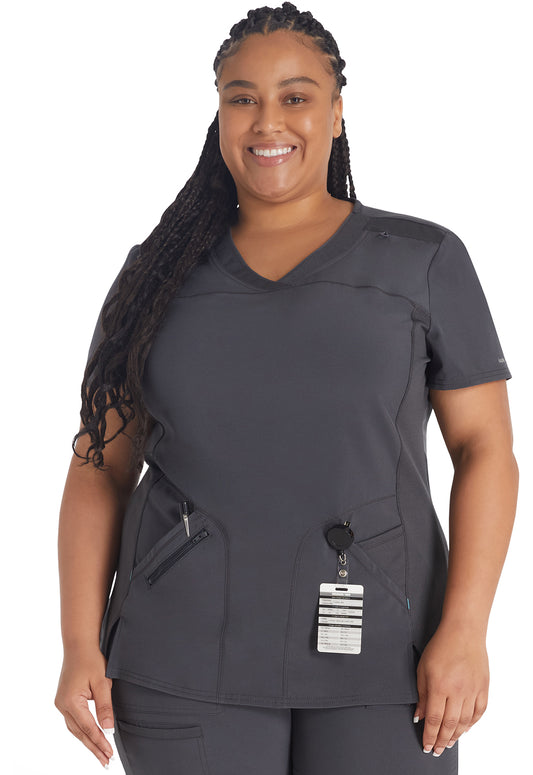 Inspira Flex IP845A Crossover V-Neck Top Pewter Model Image Front | Inspira