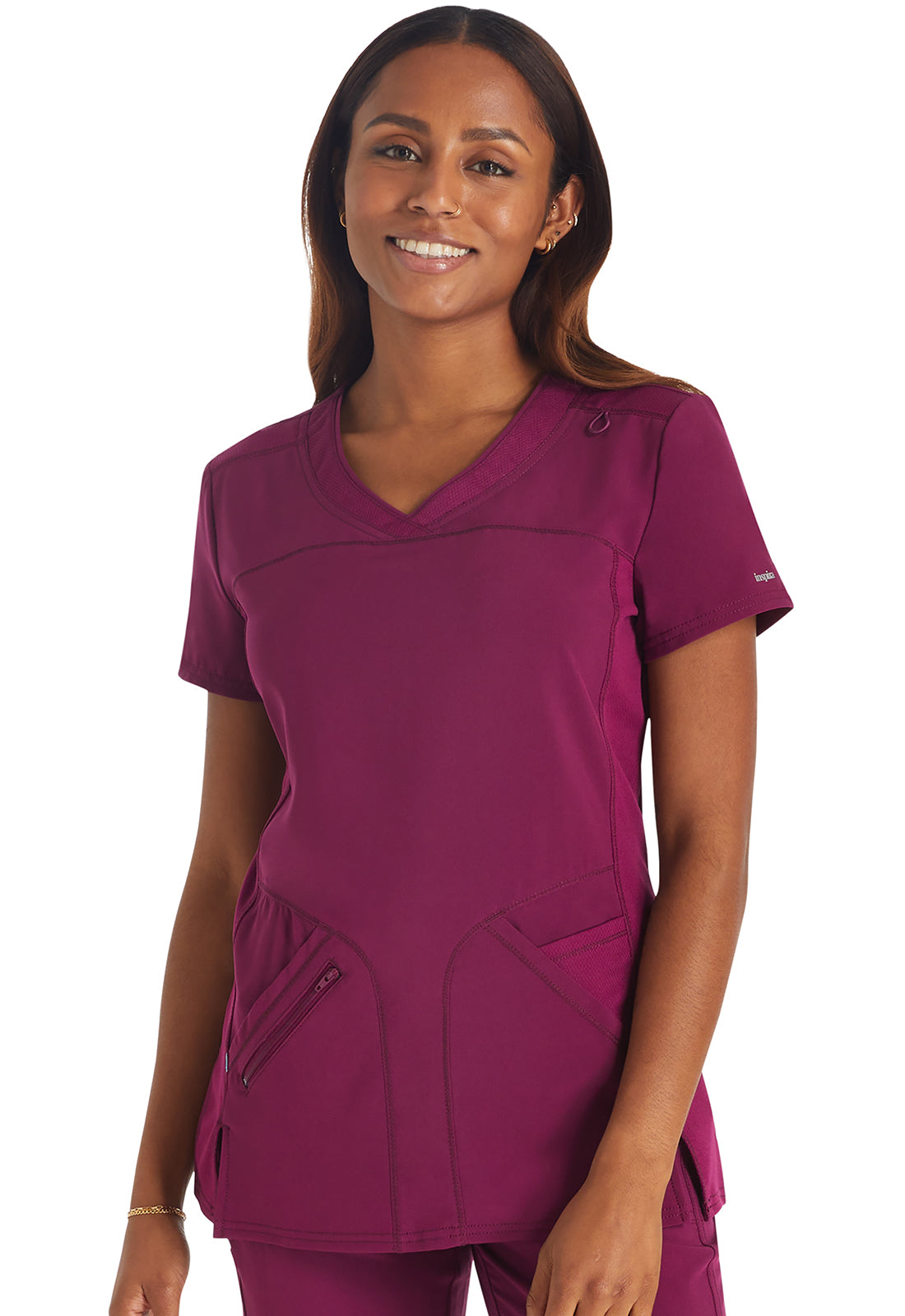 Inspira Flex IP845A Crossover V-Neck Top Wine Model Image Front | Inspira