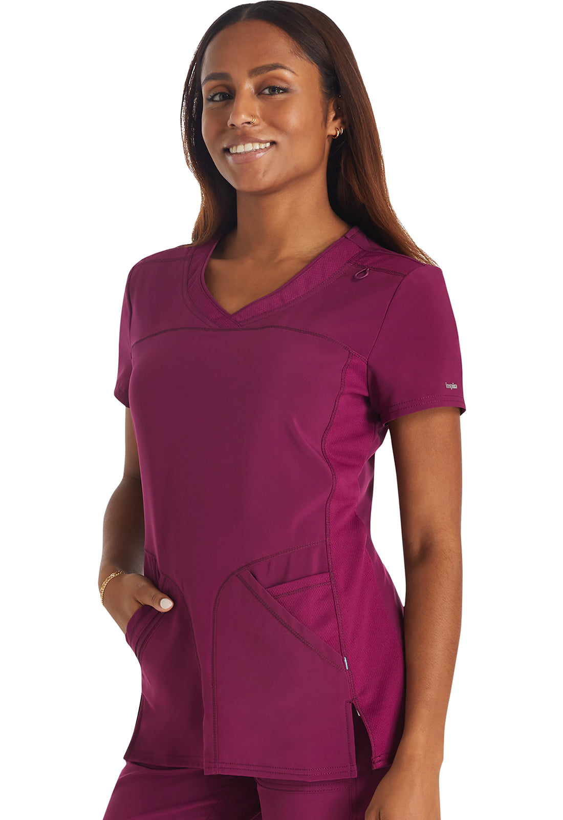 Inspira Flex IP845A Crossover V-Neck Top Wine Model Image Right Side | Inspira