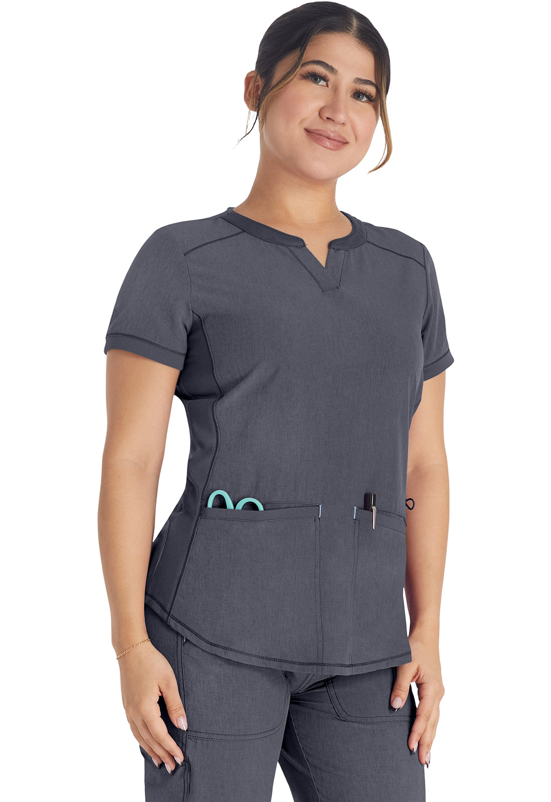 Inspira Flex IP849A Henley Top Pewter Model Image Front | Inspira