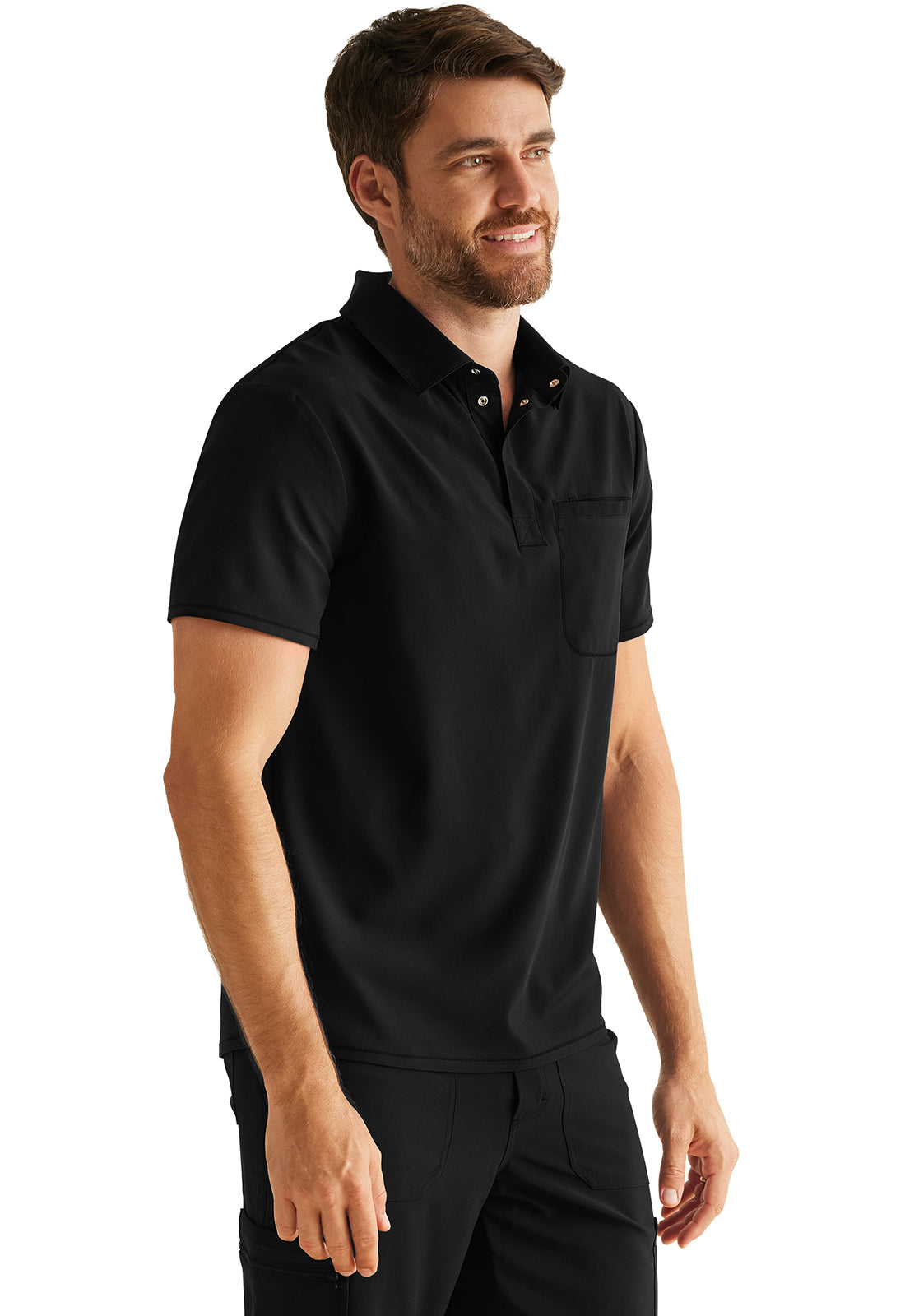 Inspira Flex IP855A Men's Polo Shirt Black Model Image Left Side | Inspira