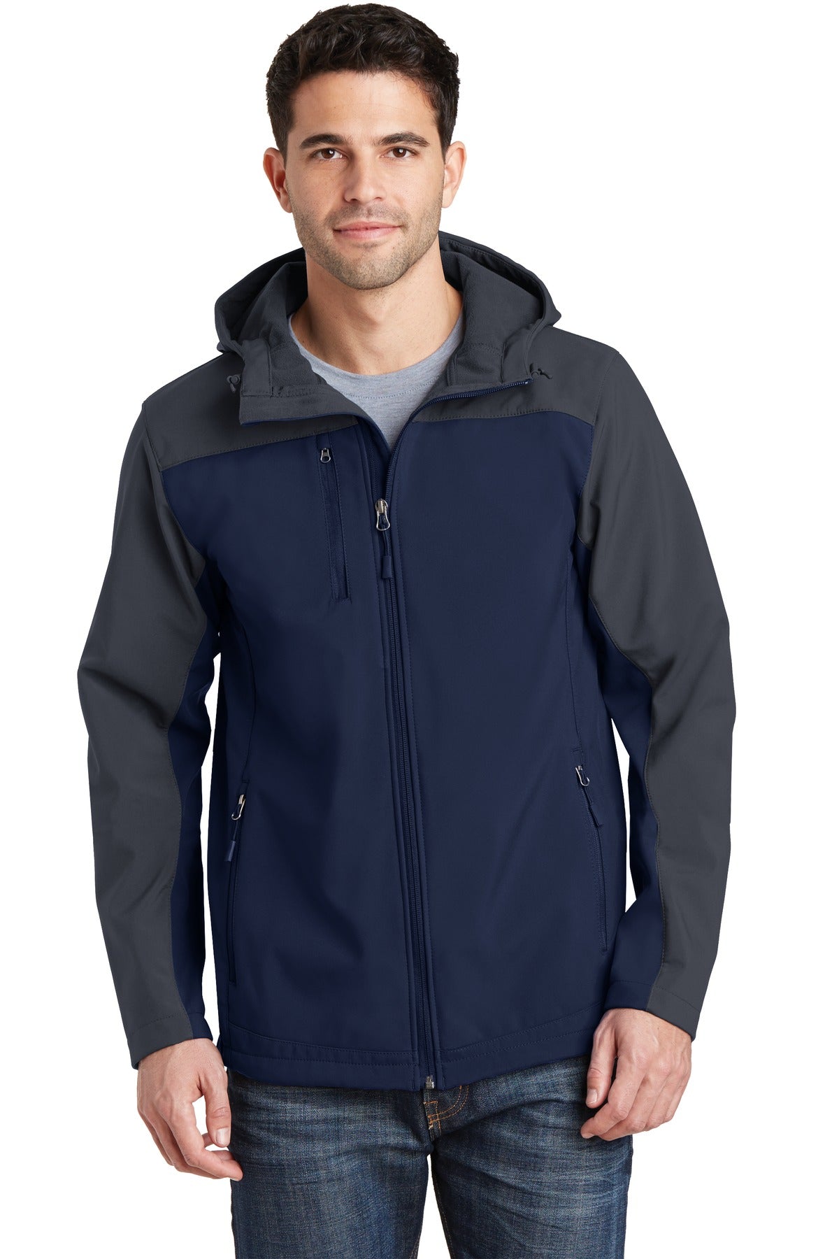 Port Authority Hooded Core Soft Shell Jacket. J335 Dress Blue Navy/ Battleship Grey