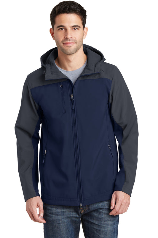 Port Authority Hooded Core Soft Shell Jacket. J335 Dress Blue Navy/ Battleship Grey