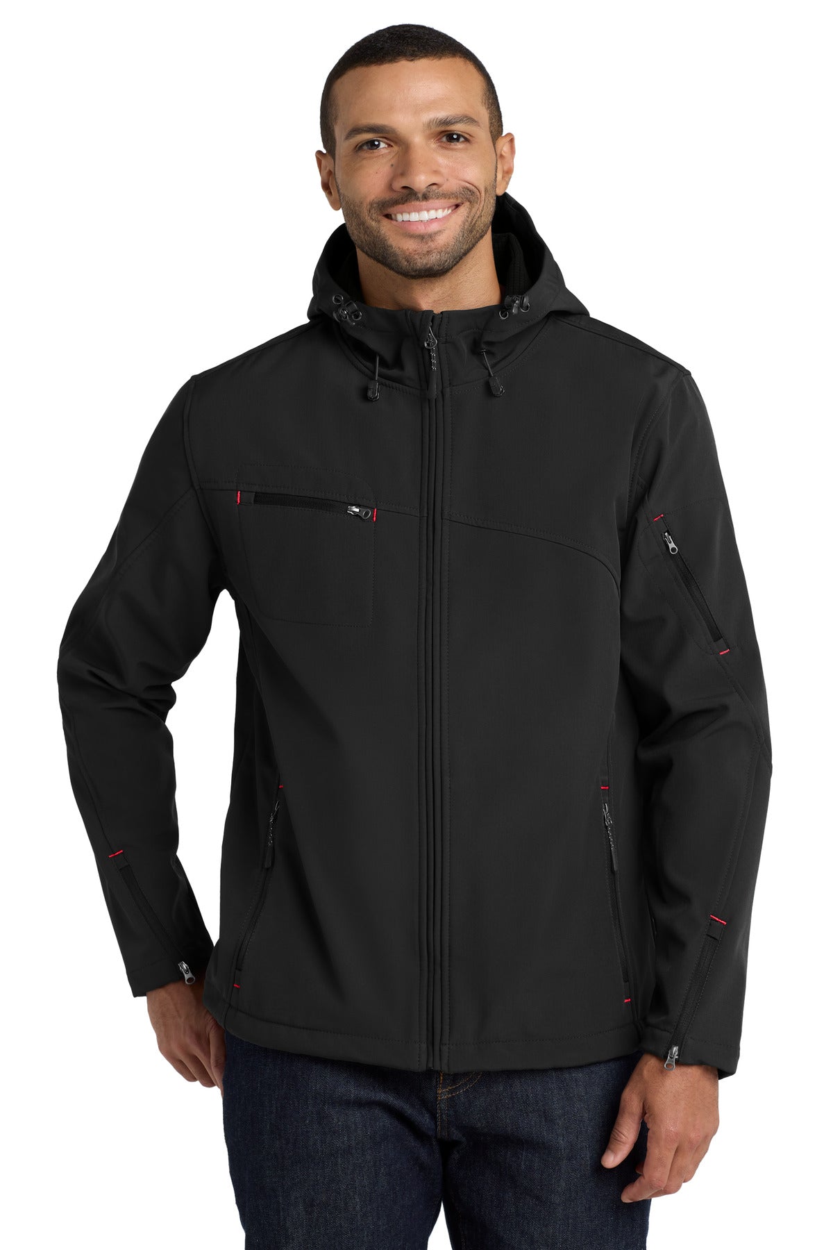 Port Authority Textured Hooded Soft Shell Jacket J706 Black/ Engine Red