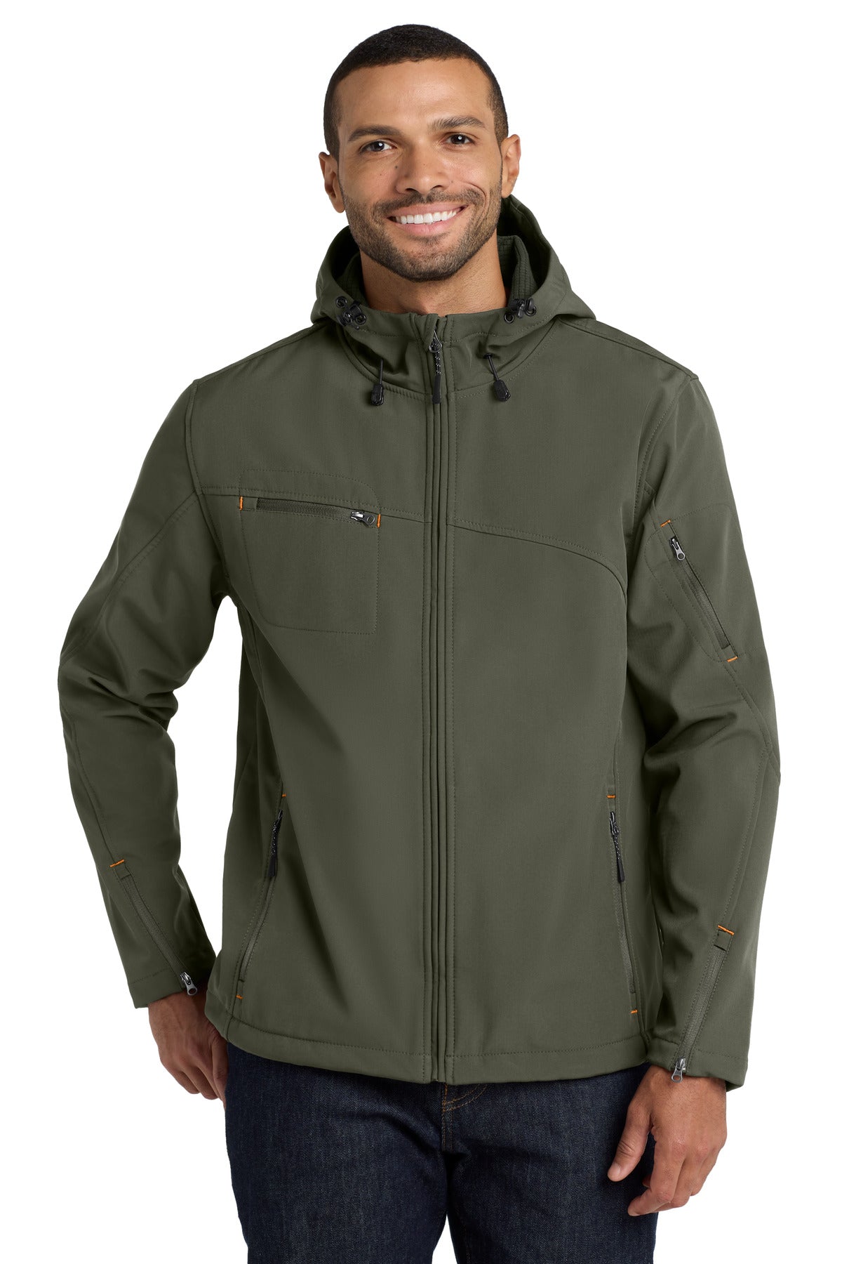 Port Authority Textured Hooded Soft Shell Jacket. J706 Mineral Green/ Soft Orange