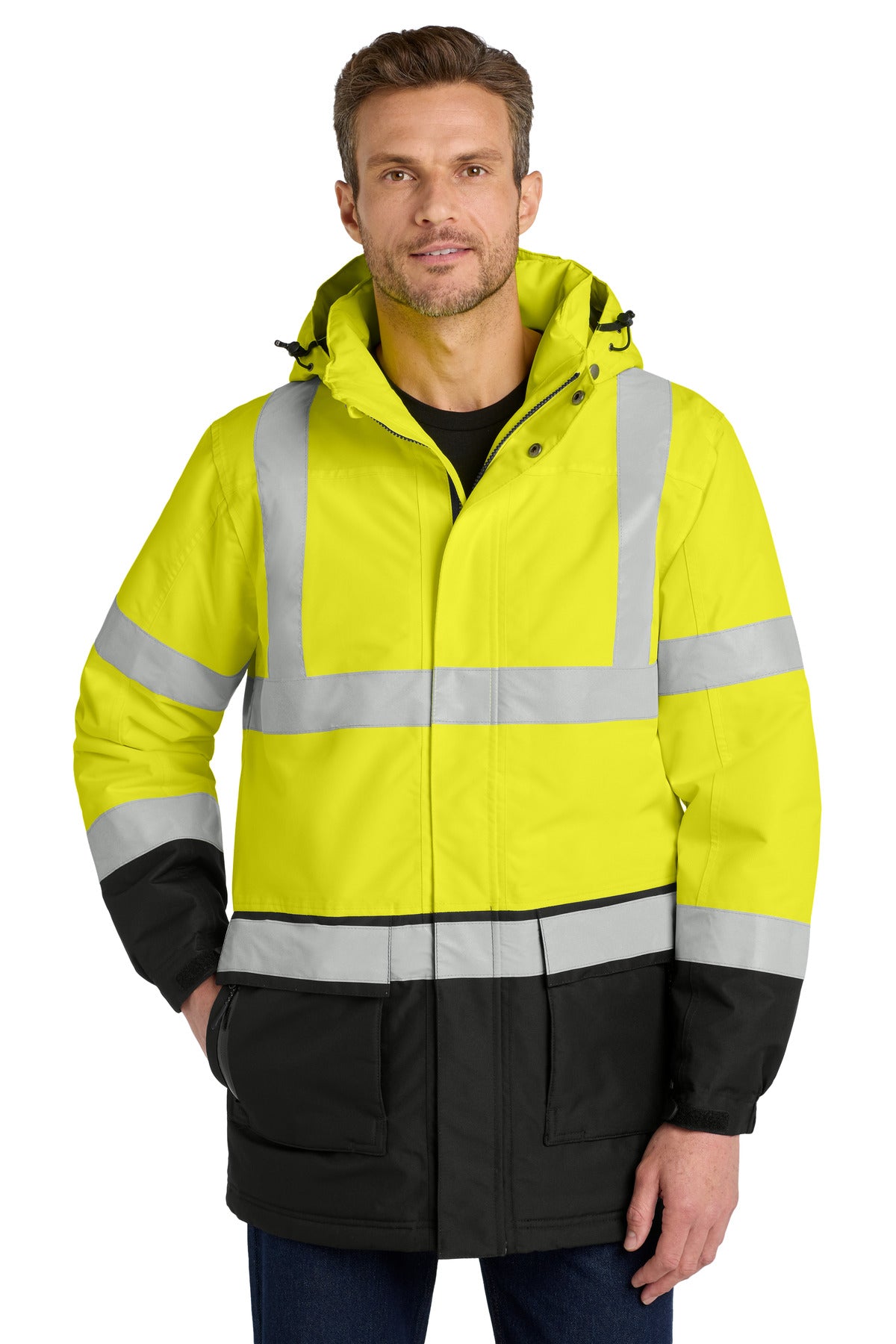 Port Authority ANSI 107 Class 3 Safety Heavyweight Parka J799S Safety Yellow/ Black/ Reflective
