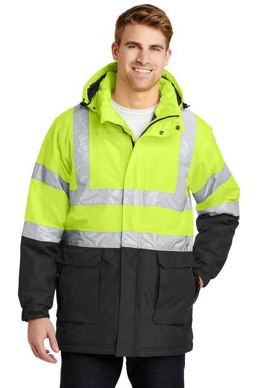 Port Authority ANSI 107 Class 3 Safety Heavyweight Parka. J799S Safety Yellow/ Black/ Reflective