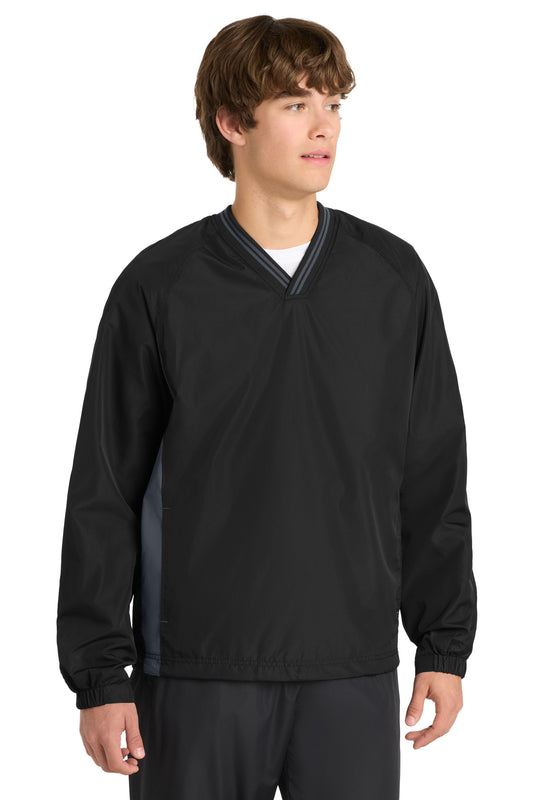 Sport-Tek Tipped V-Neck Raglan Wind Shirt JST62 Black/ Graphite