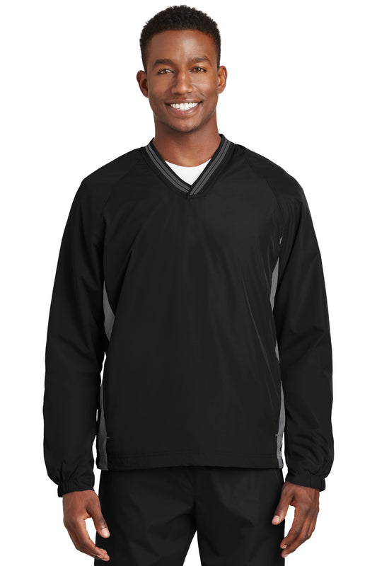Sport-Tek Tipped V-Neck Raglan Wind Shirt. JST62 Black/ Graphite