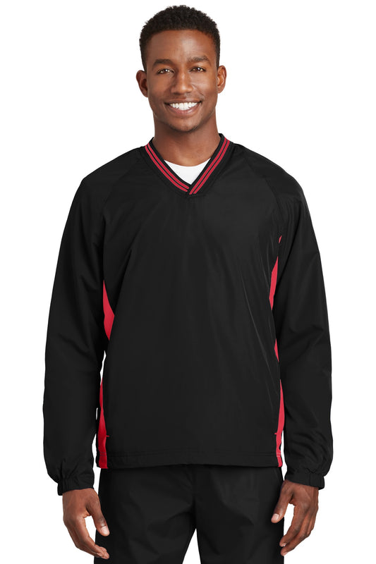 Sport-Tek Tipped V-Neck Raglan Wind Shirt. JST62 Black/ True Red