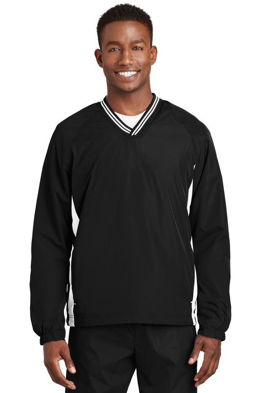 Sport-Tek Tipped V-Neck Raglan Wind Shirt. JST62 Black/ White