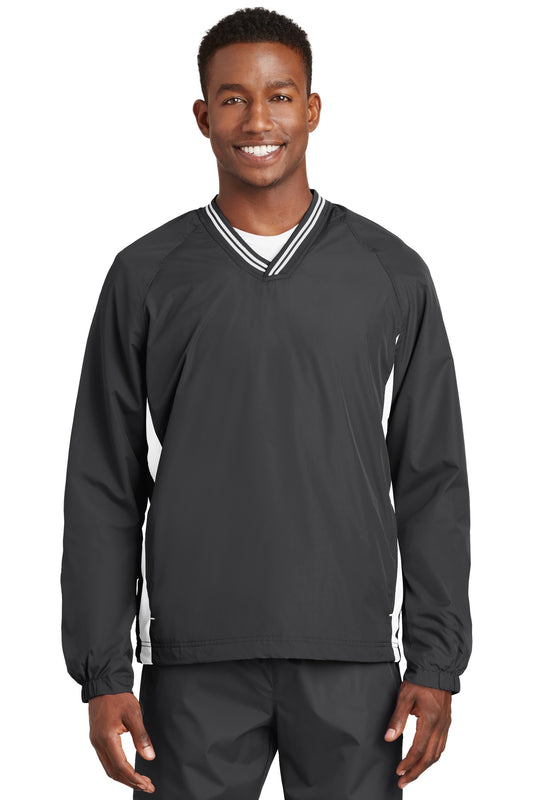 Sport-Tek Tipped V-Neck Raglan Wind Shirt. JST62 Graphite/ White