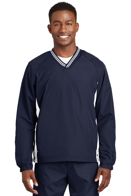 Sport-Tek Tipped V-Neck Raglan Wind Shirt. JST62 True Navy/ White