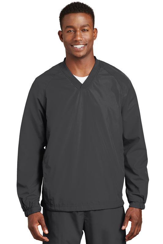 Sport-Tek V-Neck Raglan Wind Shirt. JST72 Graphite