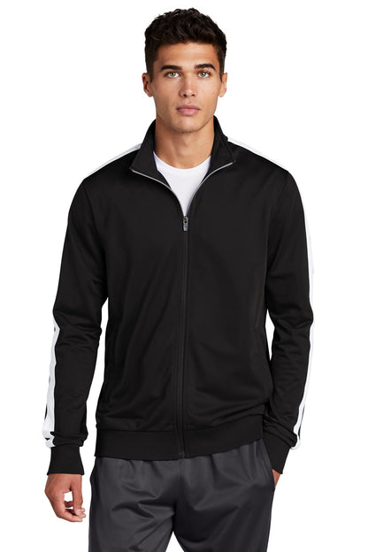 Sport-Tek  Tricot Sleeve Stripe Track Jacket. JST94 Black/ White