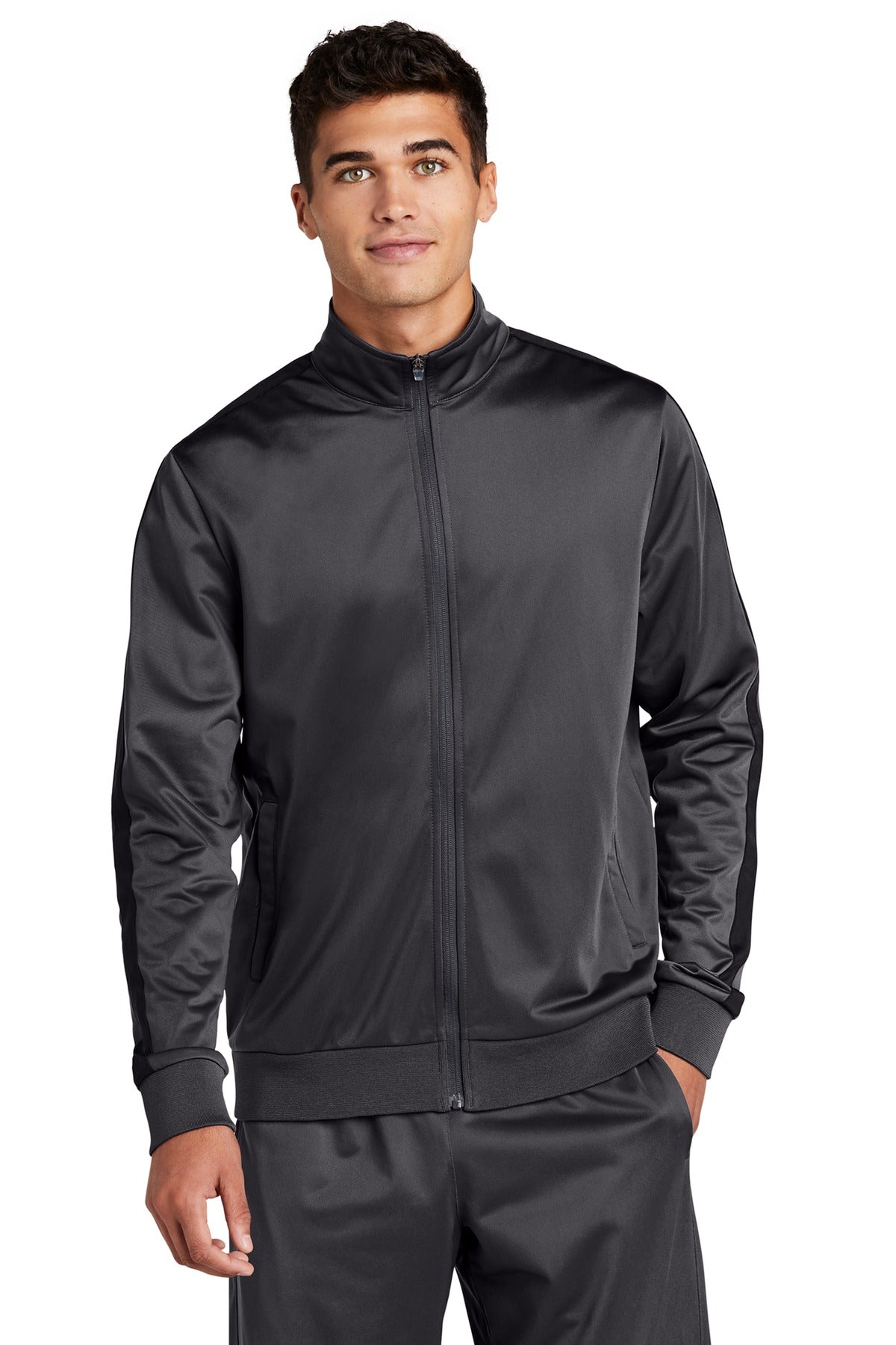 Sport-Tek  Tricot Sleeve Stripe Track Jacket. JST94 Graphite/ Black