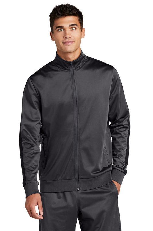 Sport-Tek  Tricot Sleeve Stripe Track Jacket. JST94 Graphite/ Black