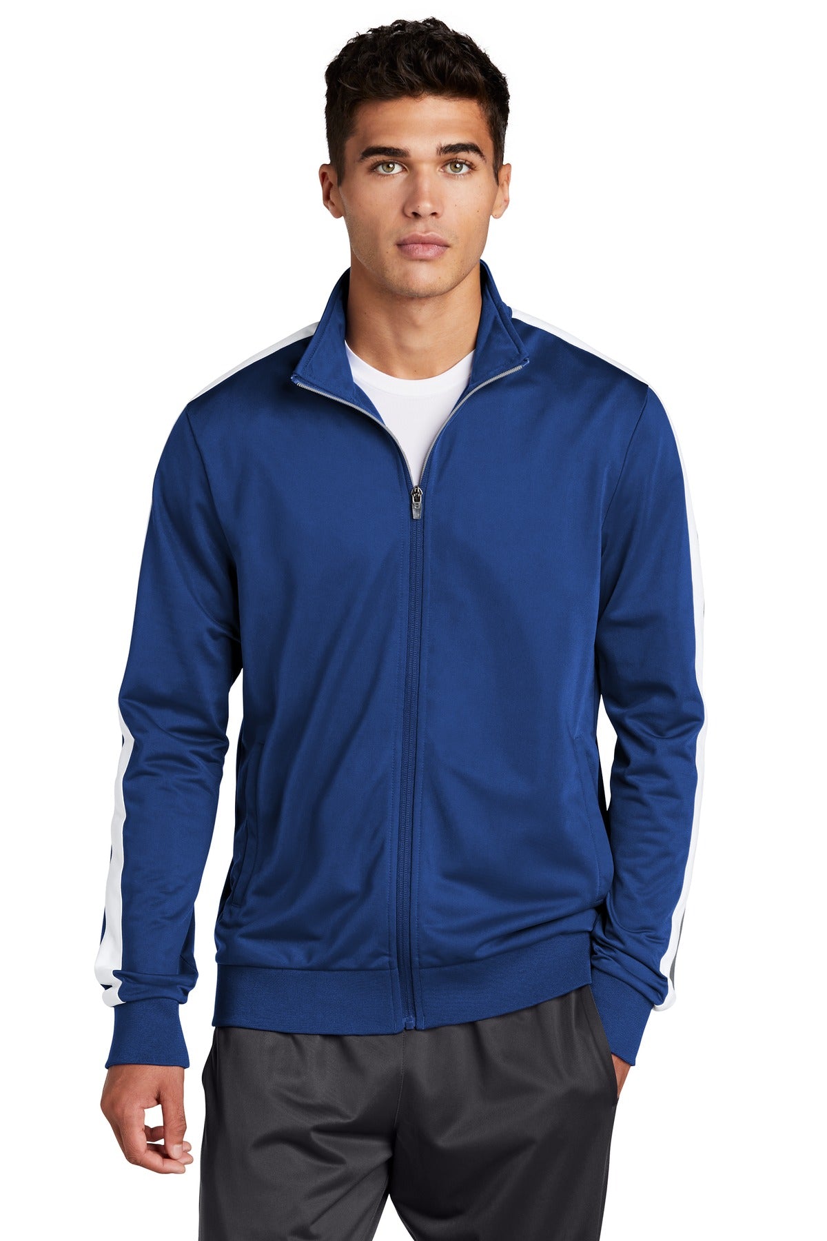 Sport-Tek  Tricot Sleeve Stripe Track Jacket. JST94 True Royal/ White