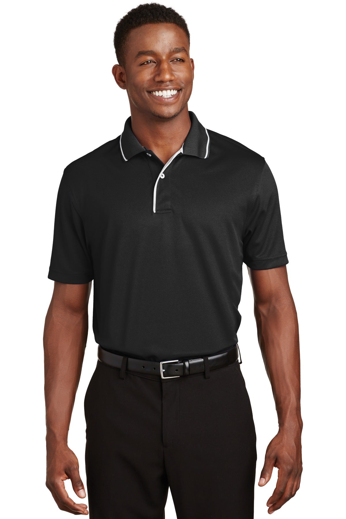 Sport-Tek Dri-Mesh Polo with Tipped Collar and Piping.  K467 Black/ White