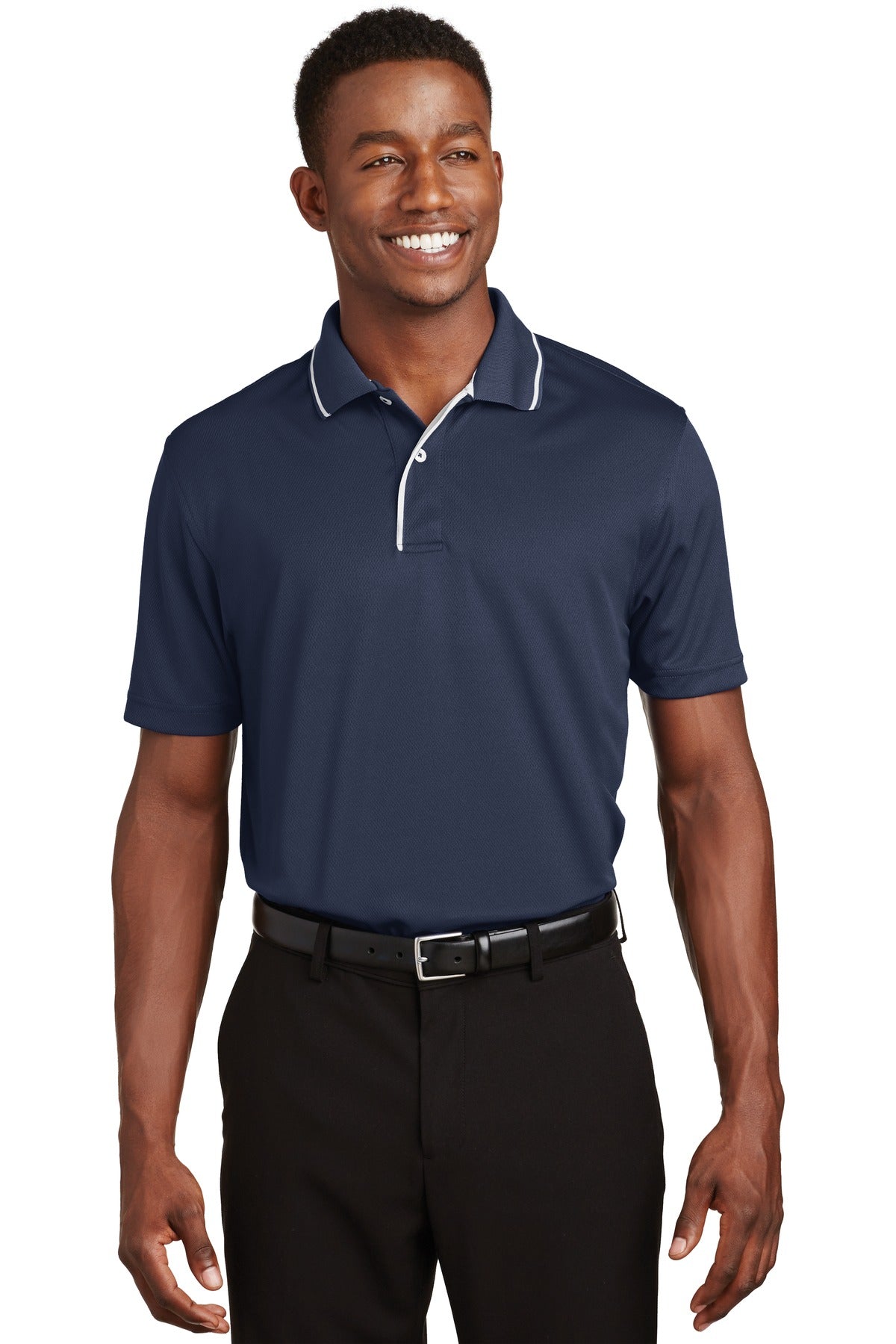 Sport-Tek Dri-Mesh Polo with Tipped Collar and Piping.  K467 Navy/ White