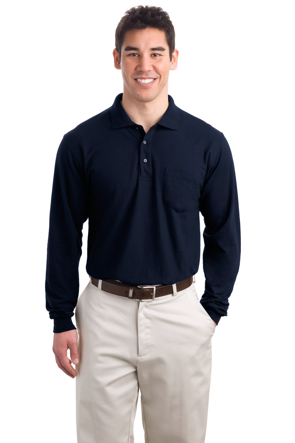 Port Authority Long Sleeve Silk Touch Polo with Pocket.  K500LSP Navy