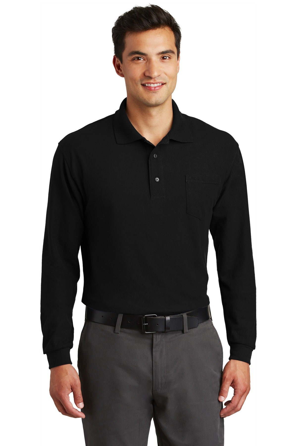 Port Authority Long Sleeve Silk Touch Polo with Pocket.  K500LSP Black