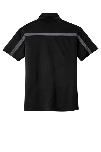 Port Authority Silk Touch Performance Colorblock Stripe Polo. K547 Black/ Steel Grey