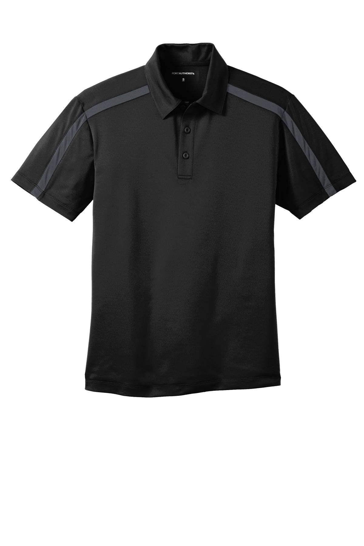Port Authority Silk Touch Performance Colorblock Stripe Polo. K547 Black/ Steel Grey