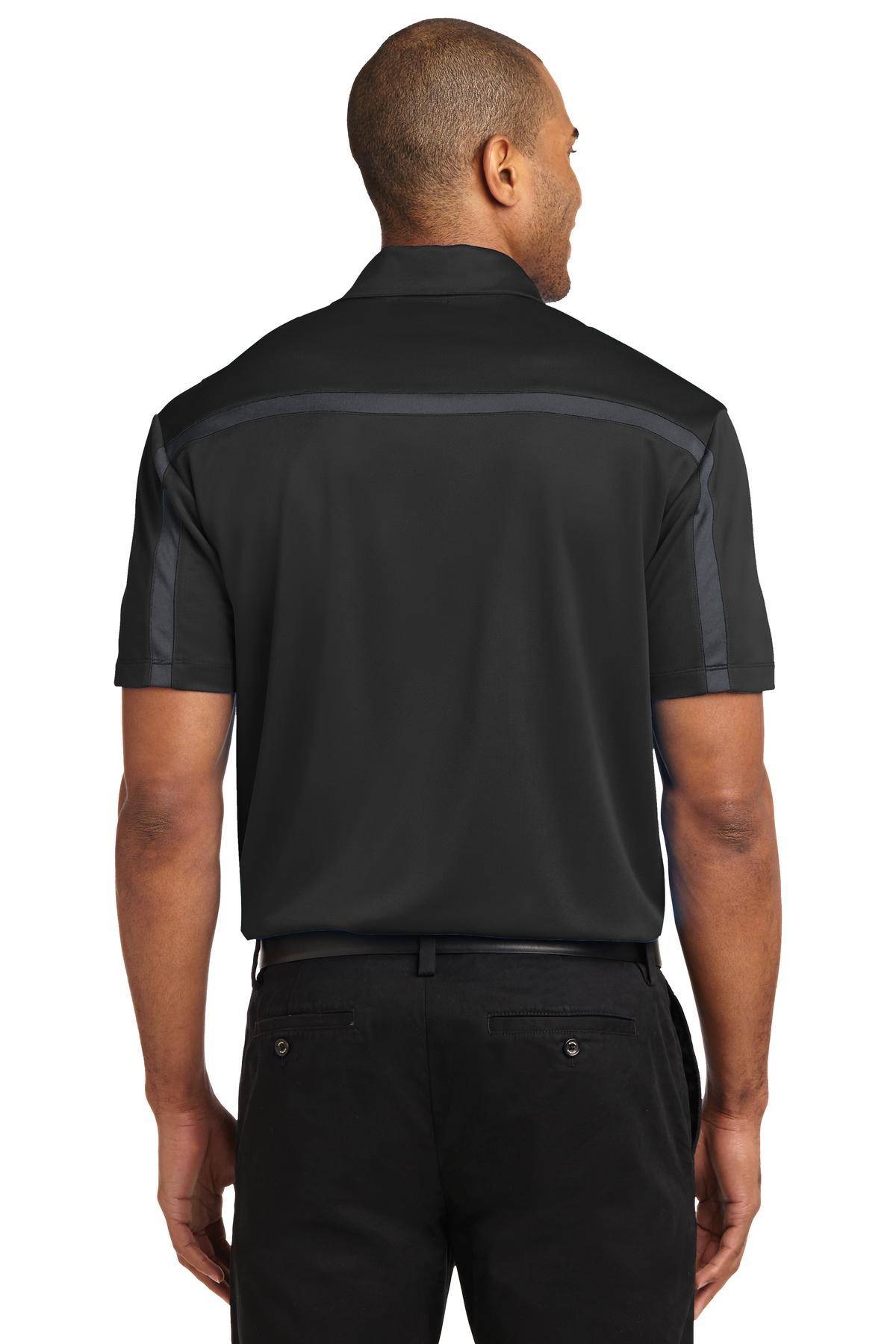 Port Authority Silk Touch Performance Colorblock Stripe Polo. K547 Black/ Steel Grey