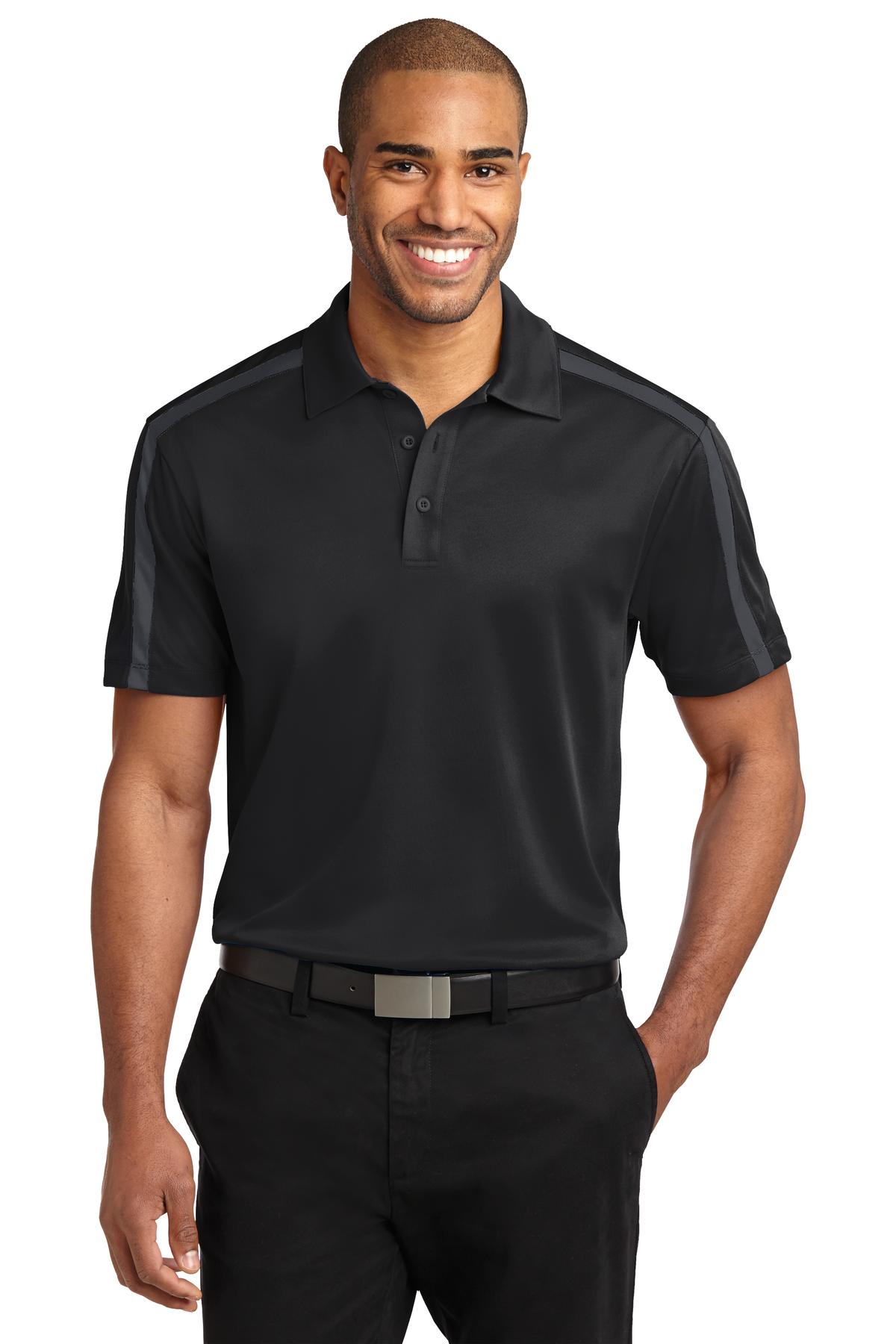 Port Authority Silk Touch Performance Colorblock Stripe Polo. K547 Black/ Steel Grey