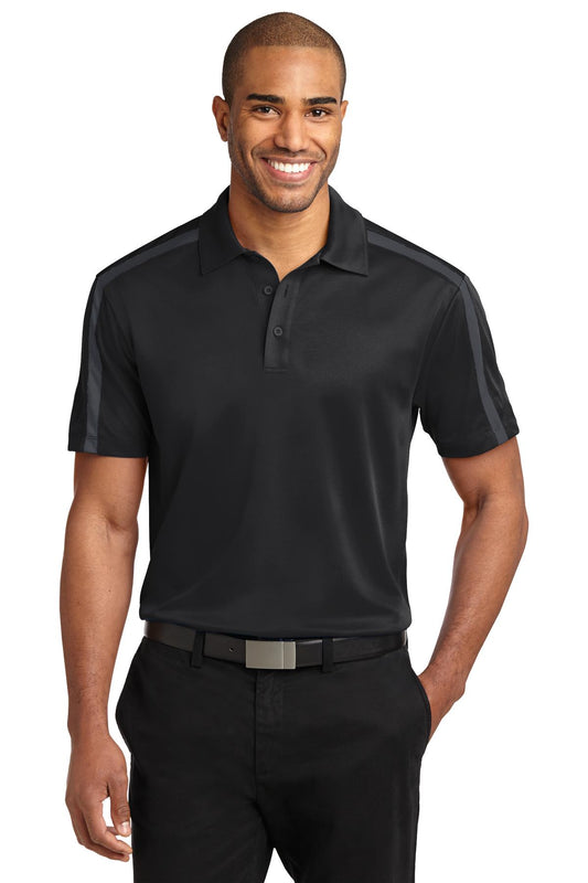 Port Authority Silk Touch Performance Colorblock Stripe Polo. K547 Black/ Steel Grey