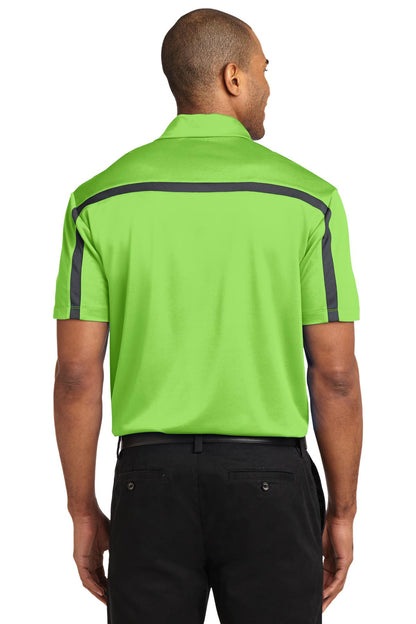 Port Authority Silk Touch Performance Colorblock Stripe Polo. K547 Lime/ Steel Grey