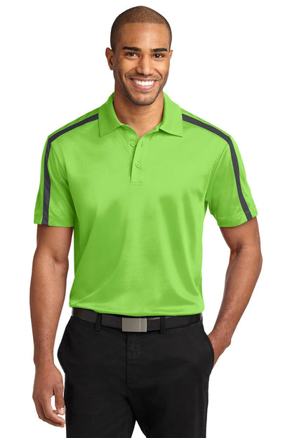 Port Authority Silk Touch Performance Colorblock Stripe Polo. K547 Lime/ Steel Grey